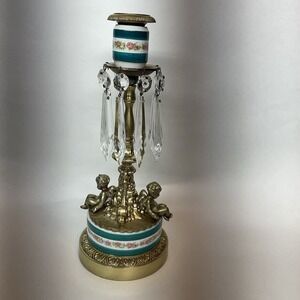 Vintage Ormolu Brass Cherub Candle Holder Crystal Prism Accents Porcelain Base